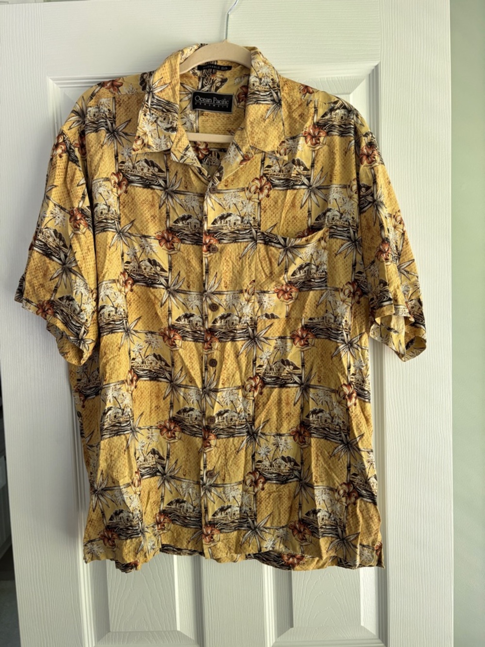 OP Yellow Floral 100% Washable Silk Camp Shirt Short Sleeve Front Pocket Size L